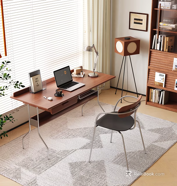 Wooden Desk With Laptop Lamp Book Coffee Cup Chair Bookshelf Speaker Blinds And Plant 3d model 