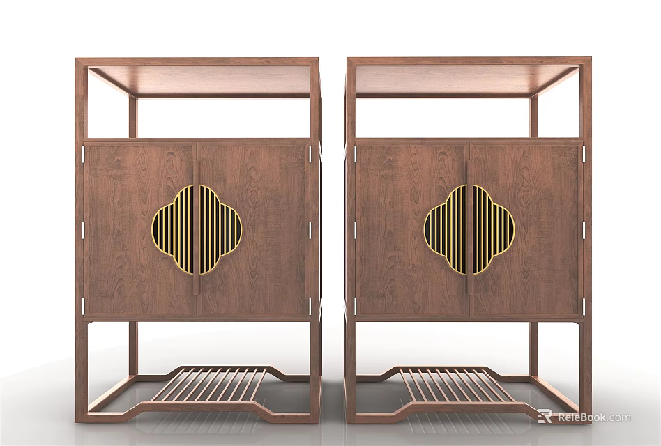 Wooden Decorative Cabinet In Modern Chinese Style With Golden Geometric Accents And Multi Layered Shelves 3d model 
