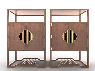 Wooden Decorative Cabinet In Modern Chinese Style With Golden Geometric Accents And Multi Layered Shelves 3d model