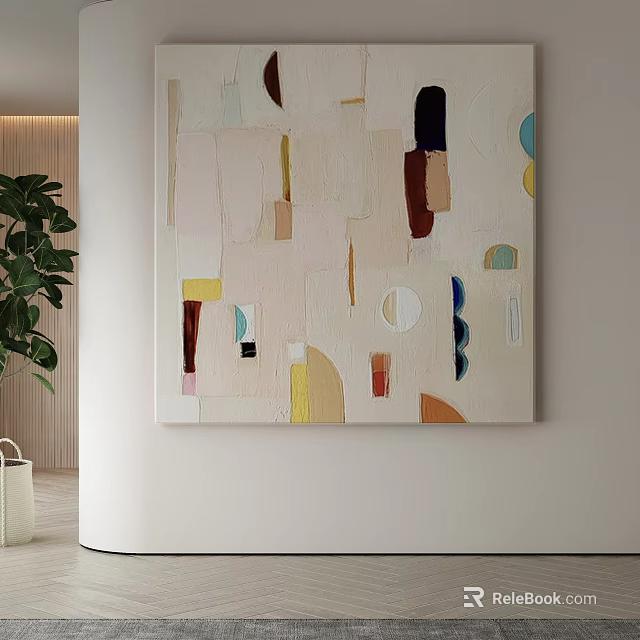 Abstract Painting With Beige Black Yellow Red Blue Geometric Shapes In Modern Minimalist Interior 3d model 