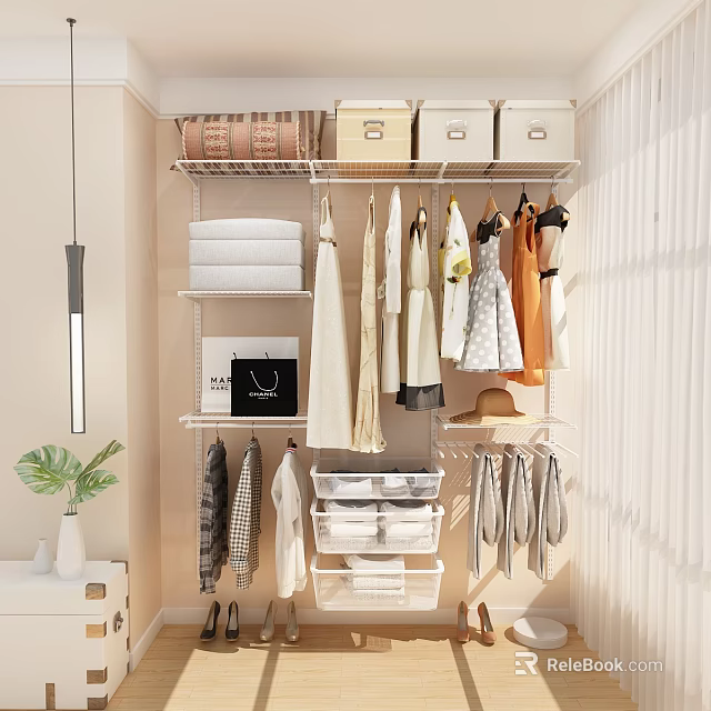 Well Organized Closet Interior With Hanging Clothes Folded Items Hat Bag And Storage Boxes 3d model 