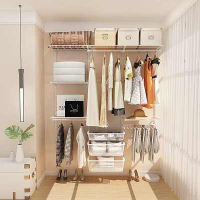 Well Organized Closet Interior With Hanging Clothes Folded Items Hat Bag And Storage Boxes 3d model