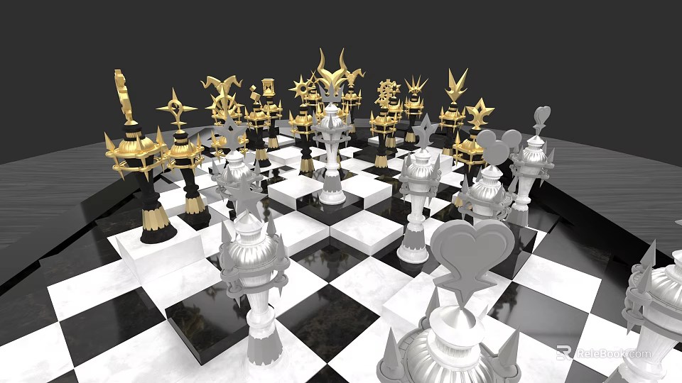 Ornate Chess Set on Black and White Checkered Board with Gold Silver Pieces 3d model 
