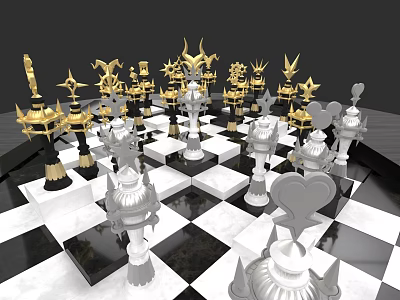 Ornate Chess Set on Black and White Checkered Board with Gold Silver Pieces 3d model
