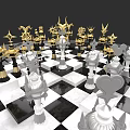 Ornate Chess Set on Black and White Checkered Board with Gold Silver Pieces