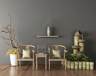 Leisure Sofa Set With Green Cushions Wooden Floor Gray Wall And Plants Decoration 3d model