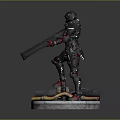 Military Character Statue In Black Red Armor With Long Weapon Barrel On Circular Base