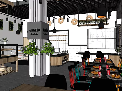 Cozy Sweet Shop Interior With Display Cases Colorful Chairs Hanging Lights And Fresh Desserts 3d model