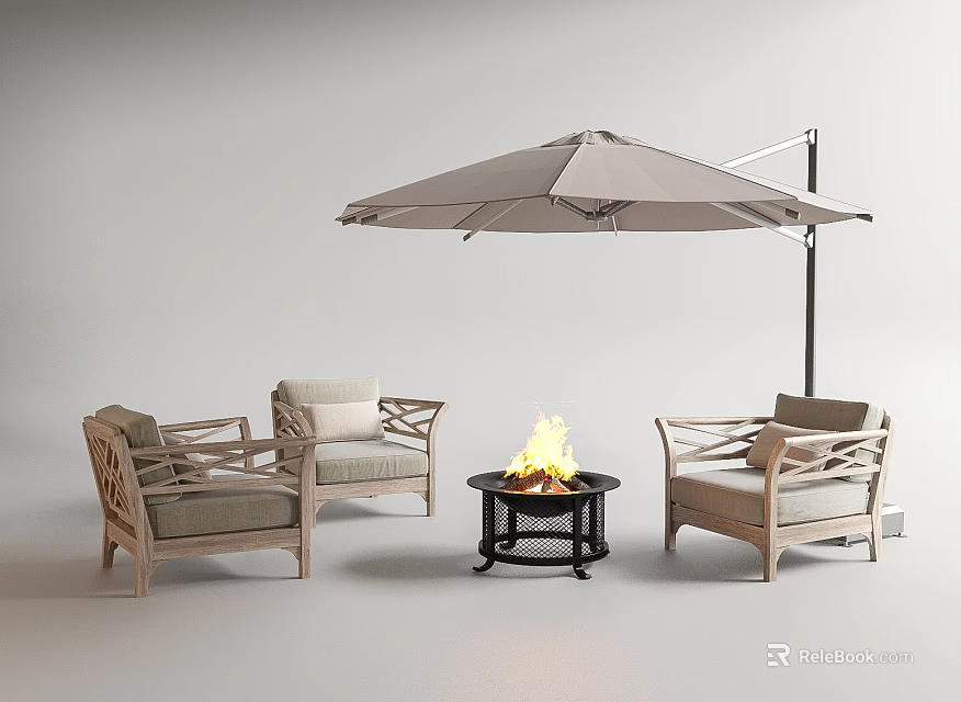 Outdoor Sofa Set With Rattan Frame Burning Fire Pit And Large Umbrella 3d model