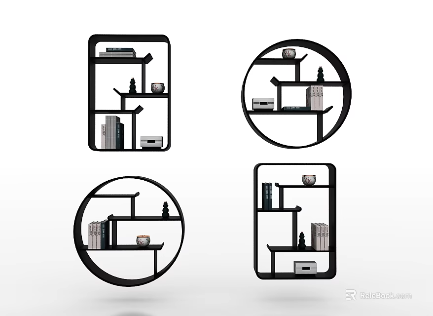 Modern Decorative Display Shelves With Square And Circular Designs Holding Books And Ornaments 3d model 