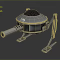 Metallic Mechanical Device With Circular Body FIBER Label Three Legged Stand And Cannon Like Barrel
