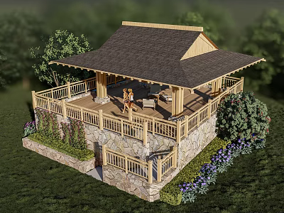 Wooden Pergola With Dark Roof Stone Wall Railings And Outdoor Greenery Relaxation Area 3d model