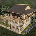 Wooden Pergola With Dark Roof Stone Wall Railings And Outdoor Greenery Relaxation Area
