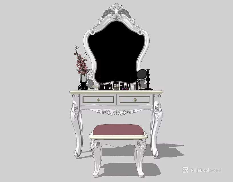 Elegant Dressing Table With Ornate Mirror Carved Details And Pink Cushion Stool 3d model 