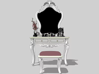 Elegant Dressing Table With Ornate Mirror Carved Details And Pink Cushion Stool 3d model
