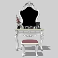 Elegant Dressing Table With Ornate Mirror Carved Details And Pink Cushion Stool