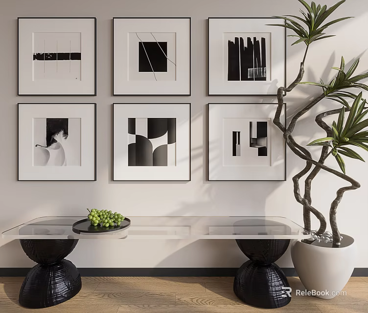 Black And White Abstract Paintings In Modern Interior 3d model 