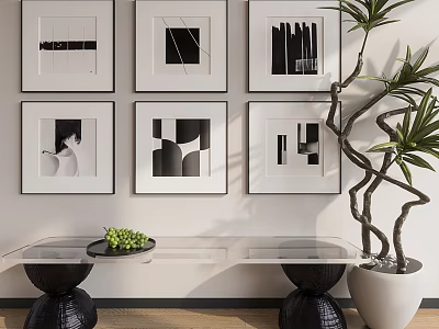 Black And White Abstract Paintings In Modern Interior 3d model