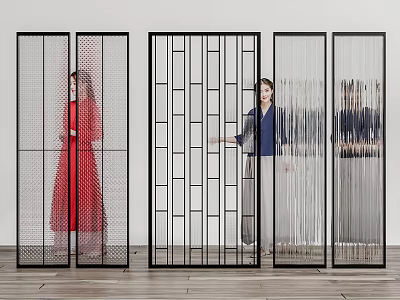 Stylish Modern Room Dividers Featuring Geometric Grilles Perforated Panels And Hanging Lines With People Behind 3d model