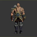 Tattooed Bearded Man With Bald Head Decorative Armor Fur Trimmed Pants And Circular Belt Buckle