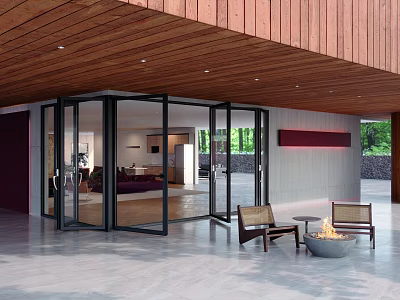 Modern Detached Villa Featuring Glass Sliding Doors Wooden Ceiling Patio Fire Pit And Stone Flooring 3d model