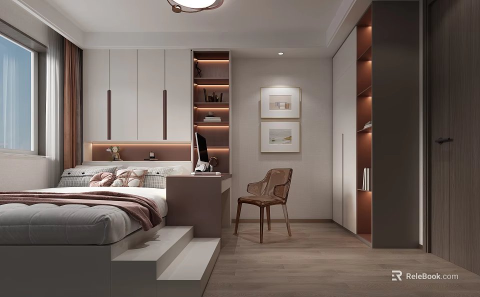 Tatami Bedroom Interior Design With Tatami Bed Desk Chair Storage Cabinets And Wall Art 3d model 
