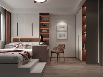 Tatami Bedroom Interior Design With Tatami Bed Desk Chair Storage Cabinets And Wall Art 3d model