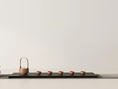 Elegant Copper Teaset With Black Tray And Five Small Teacups On White Surface 3d model