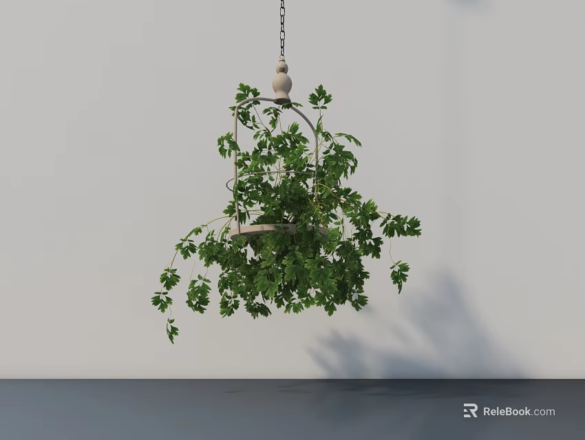 Hanging Plant Decoration With Cage Shaped Design Green Leaves And Chain On Light Wall 3d model 