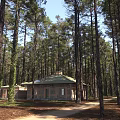 Brick Building With Green Roof Standing In Pine Forest Surrounded By Tall Trees