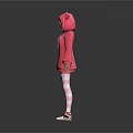 Anime Character In Pink Cat Ears Hoodie With Sweet Cat Print And Checkered Stockings