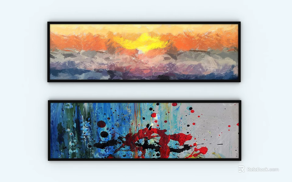Vibrant Oil Paintings With Sunset Landscape Hues And Abstract Splatter Art Design 3d model 