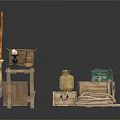 Traditional Household Items With Wooden Table Ceramic Containers Vintage Boxes And Coiled Rope
