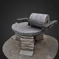 Traditional Stone Mill With Wooden Frame Stone Base and Ancient Grinding Tool