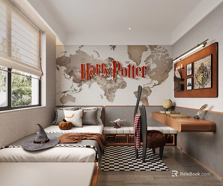 Harry Potter Themed Kids Room With World Map Wallpaper Bed And Desk Decor 3d model 