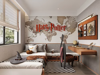Harry Potter Themed Kids Room With World Map Wallpaper Bed And Desk Decor 3d model