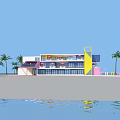 Colorful Beachfront Building With Red White Striped Umbrellas And Palm Trees