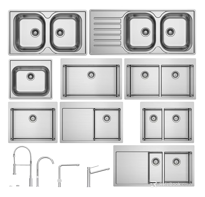 Different Types of Stainless Steel Kitchen Sinks Single Double Bowl with Drainer and Faucet Options 3d model 
