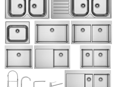 Different Types of Stainless Steel Kitchen Sinks Single Double Bowl with Drainer and Faucet Options 3d model