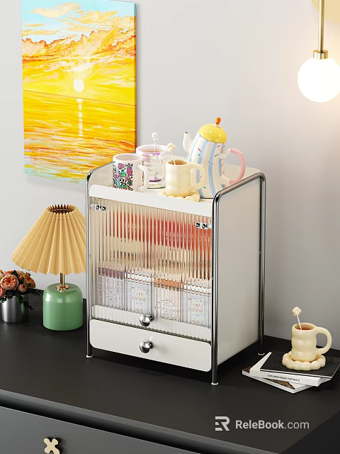 Modern Dining Table Setup With Tea Cart Colorful Mugs And Artwork 3d model