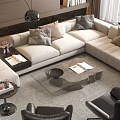 Modern Living Room With Beige Sectional Sofa Glass Coffee Table Black Armchairs And Pillows