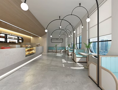 Modern Dessert Shop Interior With Bright Seating Area Pastry Display Cases And Large Windows 3d model