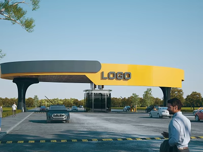 Modern Entrance Gate With Yellow And Gray Structure LOGO Vehicles Trees And Parking Area 3d model