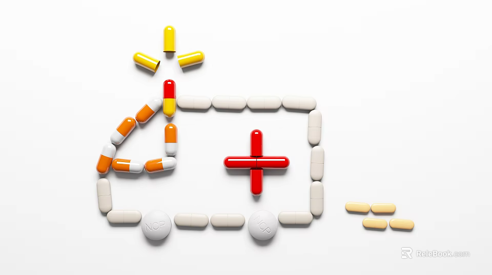 Colorful Medical Pills Arranged in House Shape With Red Cross Symbol 3d model 