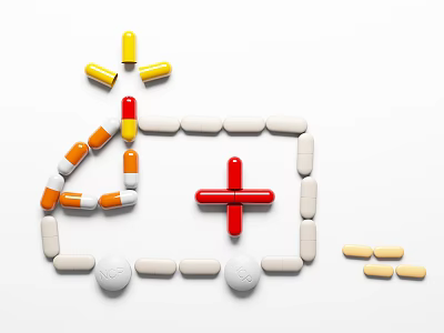 Colorful Medical Pills Arranged in House Shape With Red Cross Symbol 3d model