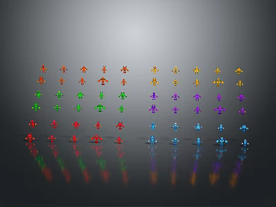 Colorful Equipment Icons Arranged in Rows on Black Background With Reflection Effect 3d model