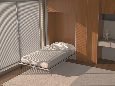 Modern Bedroom Interior With Wooden Wardrobes White Blinds And Metal Bed Frame Light Rug 3d model