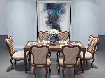 Classic Dining Table Set With Six Carved Chairs Vase White Flowers And Abstract Painting 3d model