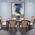 Classic Dining Table Set With Six Carved Chairs Vase White Flowers And Abstract Painting