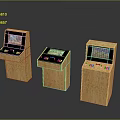 Retro Style Three Wooden Arcade Machines With Screens And Control Panels
